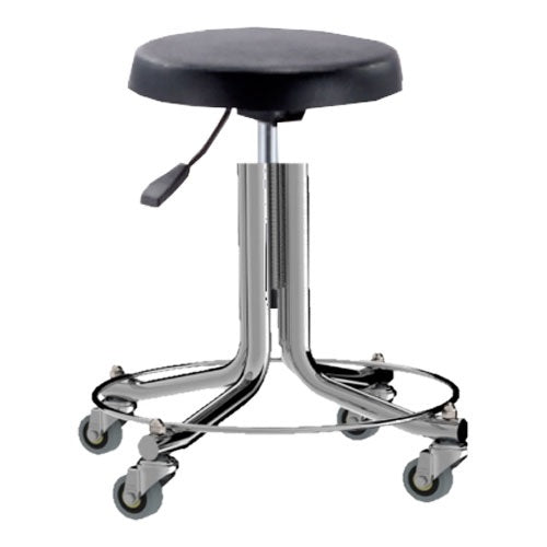 Banco giratorio acolchado con pistón de acero inoxidable, banco sin respaldo de la marca Beracah Medica, imagen mostrando asiento y base