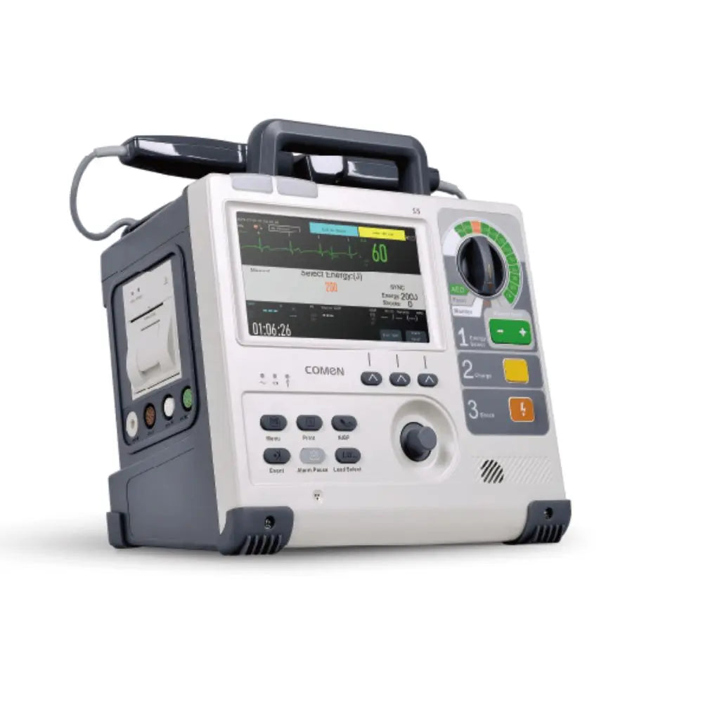 Desfibrilador monitor Beracah Medica S5 básico con pantalla de 7", ECG, DEA y detección de marcapasos.
