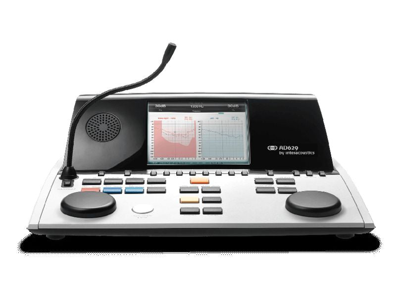 Audiómetro portátil Beracah Medica modelo AD629E con licencia E SYNC, muestra pantalla y controles en color negro.
