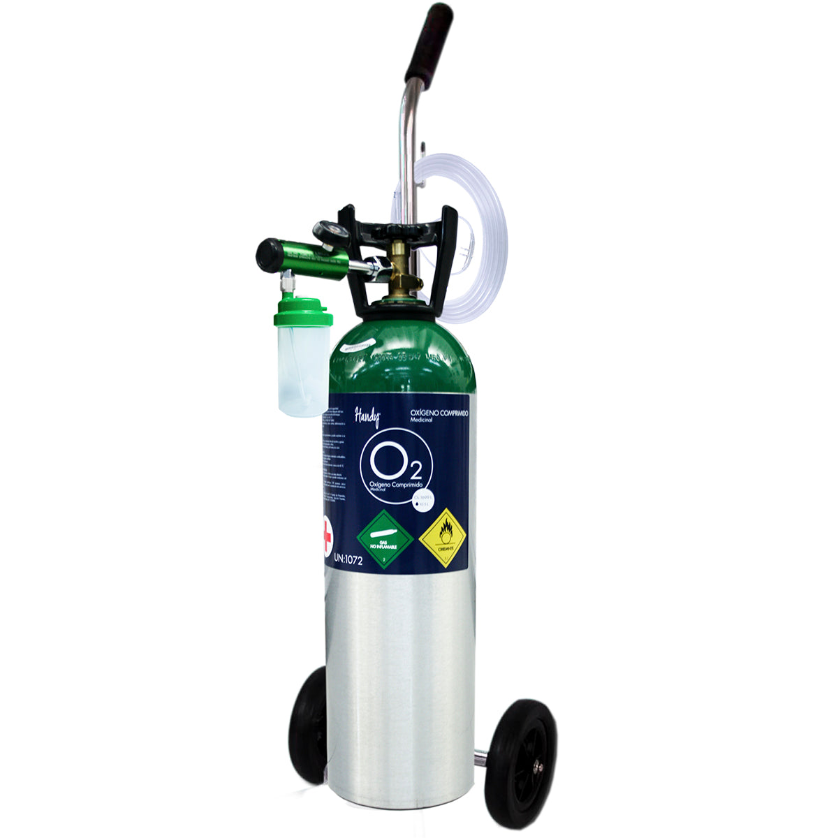 Equipo de oxígeno MSI Beracah Medica con regulador, puntas nasales, humidificador y carrito, capacidad de 1699 litros.