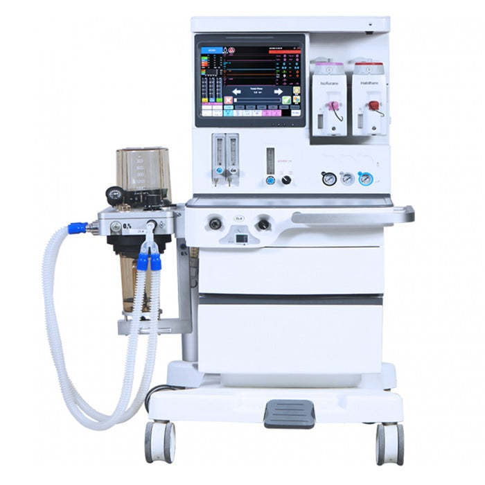 Maquina de anestesia Beracah Medica AN900S con medidor de flujo electrónico, vaporizadores, gases, modos ventilatorios y control de presión.