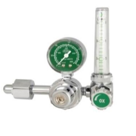 Regulador piccolo con flujómetro de entrada lateral sin humedecedor de la marca Beracah Medica, para control de gases médicos.