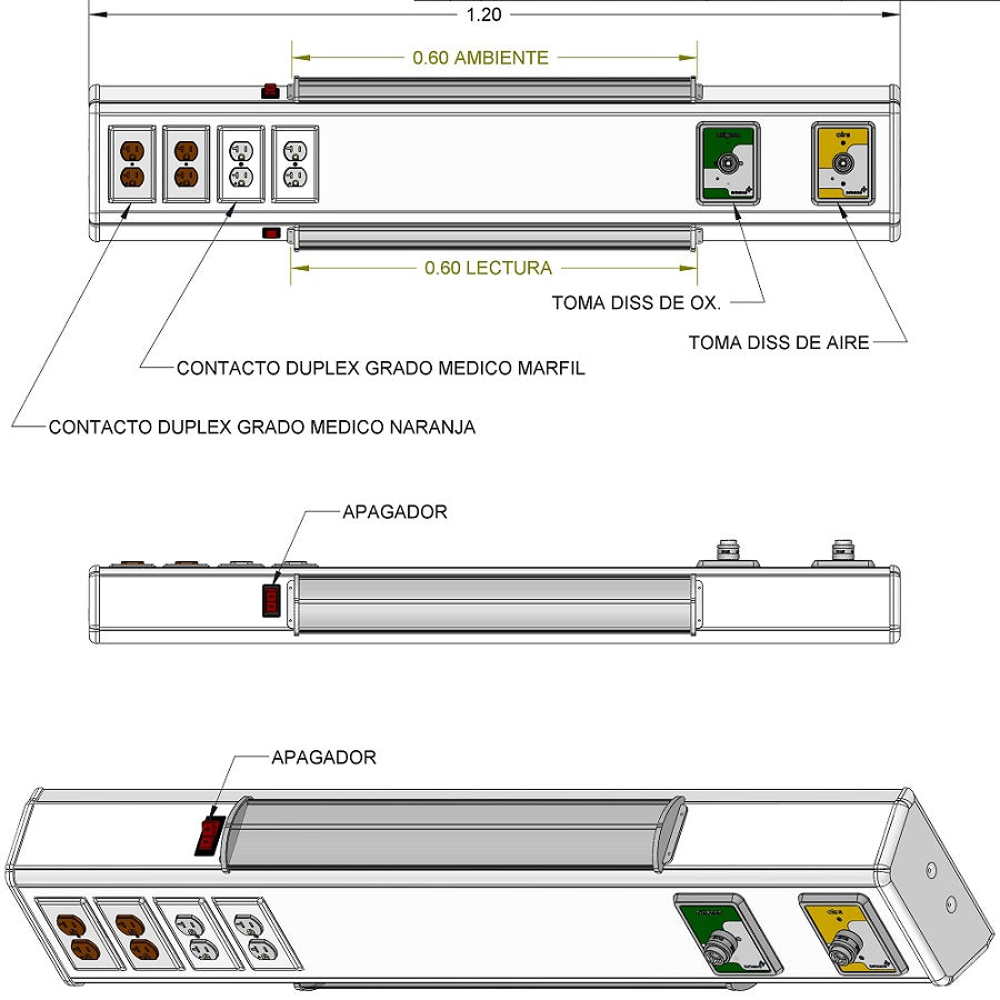 Consola 4 v delta de 120 cm básica tomas oxigeno/aire tipo NFPA, 4 contactos duplex y lámparas lectura y ambiental
