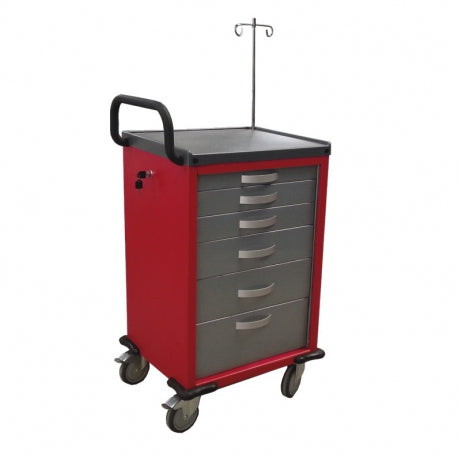 Carro rojo de emergencia de lámina con 5 cajones para enfermeras, tamaño 95x56x47 cm, marca Beracah Médica.
