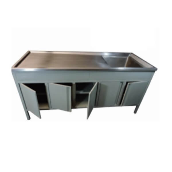 Mesa alta MSI de 180 cm con fregadero izquierdo de acero inoxidable, ideal para entornos médicos o sanitarios.