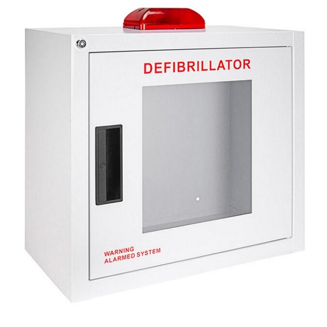 Gabinete para desfibrilador DEA de Beracah Medica con alarma y luz estroboscópica, protección y fácil acceso.