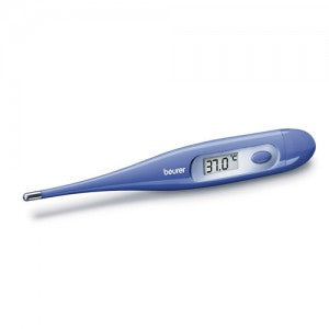 Termómetro digital rígido azul de la marca Beracah Médica, mostrando su pantalla y diseño resistente para medición precisa.