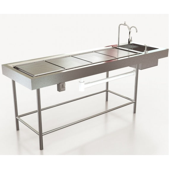 Mesa para autopsia MSI de Beracah Médica con cubierta de acero inoxidable, fregadero izquierdo, dimensiones 240x90x90 cm