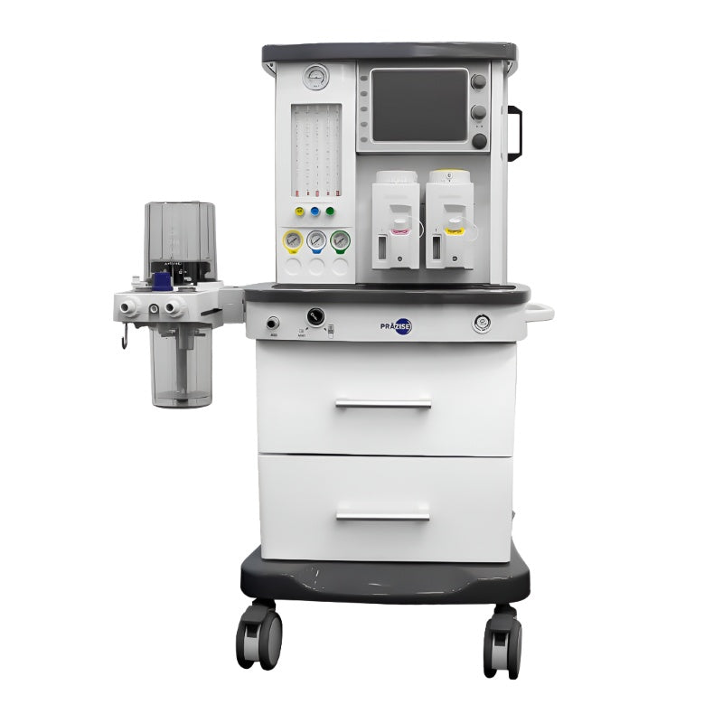 Maquina de anestesia Beracah Medica PRZ-X7 en quirófano con vaporizadores, controles de gases y modos ventilatorios.
