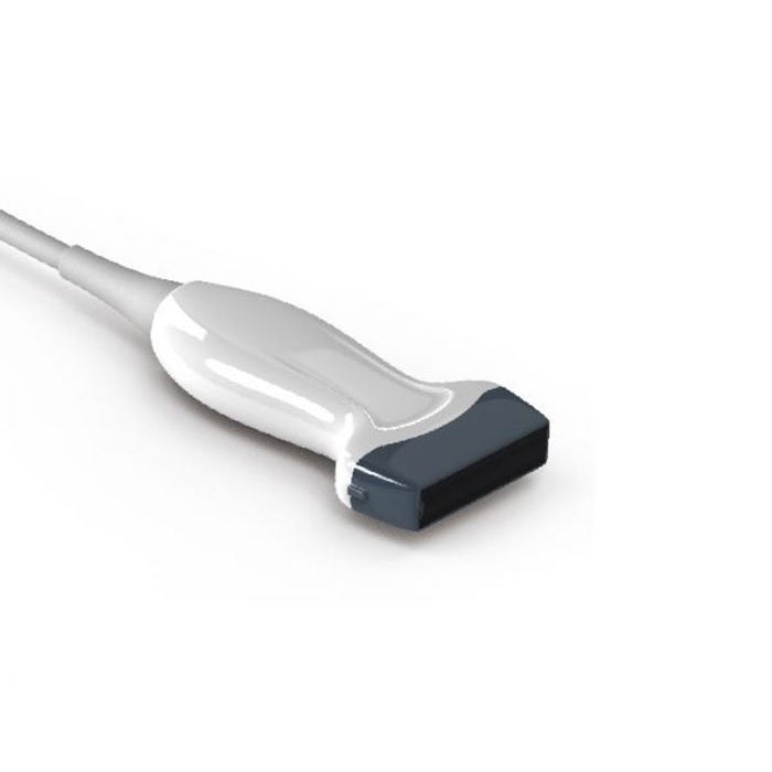 Transductor lineal para ultrasonido de la Serie Q de Beracah Medica, muestra el dispositivo con cables y superficie de transmisión.