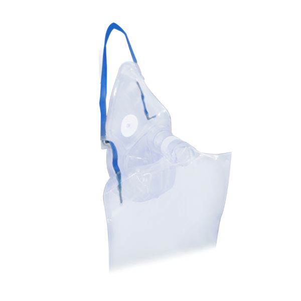 Mascarilla para oxígeno adulto Beracah Medica con bolsa reservorio y válvula, caja con 50 unidades, vista frontal en uso o empaquetada.
