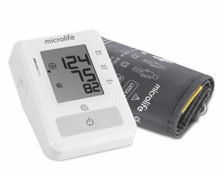 Baumanómetro digital automático de Beracah Medica con pantalla y manguito para medición de presión arterial.