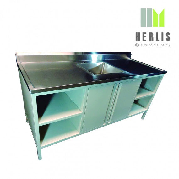 Mesa alta MSI de 180 cm con fregadero central y trampa para yeso esmaltada de Beracah Medica, visible en la imagen.