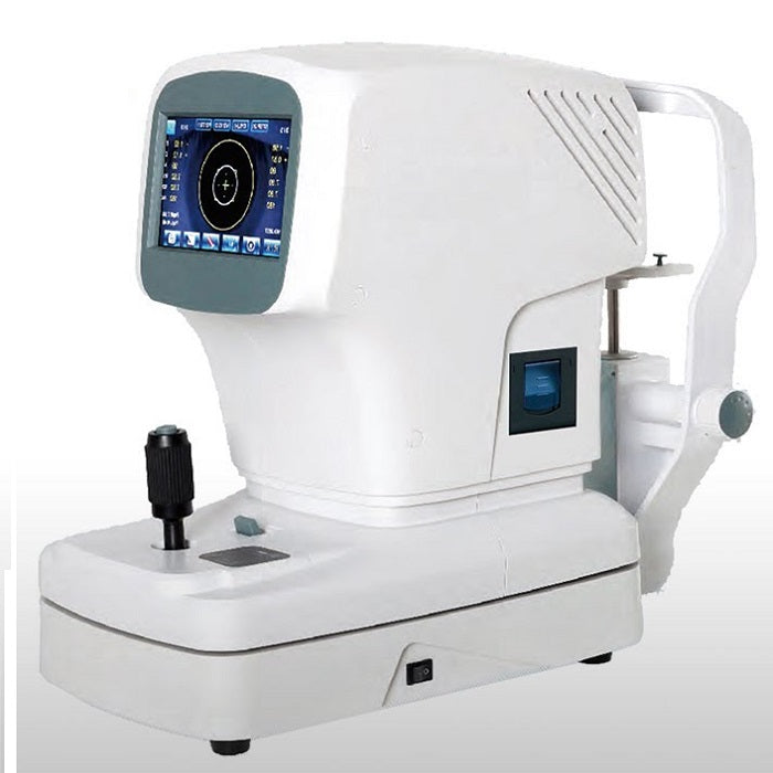 Autorefractómetro Beracah Medica ARK-700 con queratómetro, muestra la pantalla y los componentes del dispositivo médico.