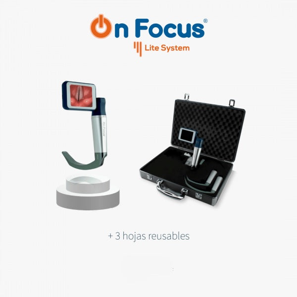 Videolaringoscopio portátil Beracah Medica On Focus Advanced con 3 hojas reusables, maletín y cargador en imagen.
