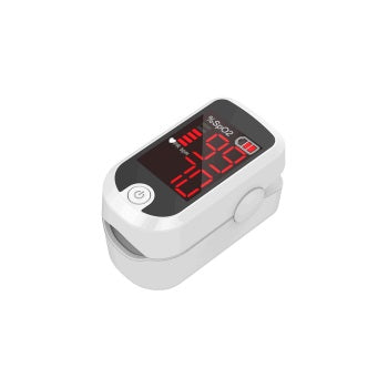 Oxímetro de pulso para dedo Beracah Medica modelo FS10E mostrando pantalla digital y sensor en el dedo