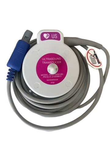 Transductor de 4 pines color rosa para tococardiógrafo F3 de Beracah Medica, con cables y conectores visibles.
