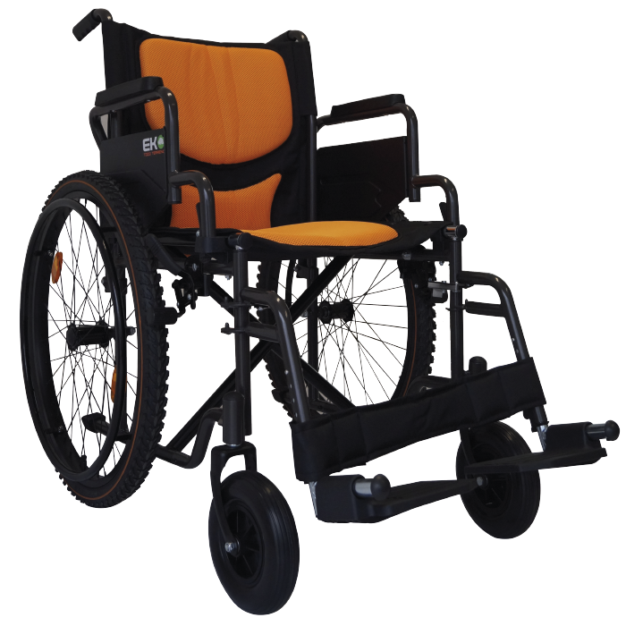 Silla de ruedas deportiva de 19" en color naranja de la marca Beracah Medica, con estructura ligera y ruedas resistentes.