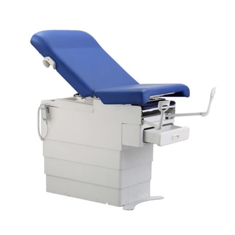 Mesa de exploración ginecológica eléctrica Beracah Medica modelo PRZ-E400A1 con control remoto y ajuste de altura.