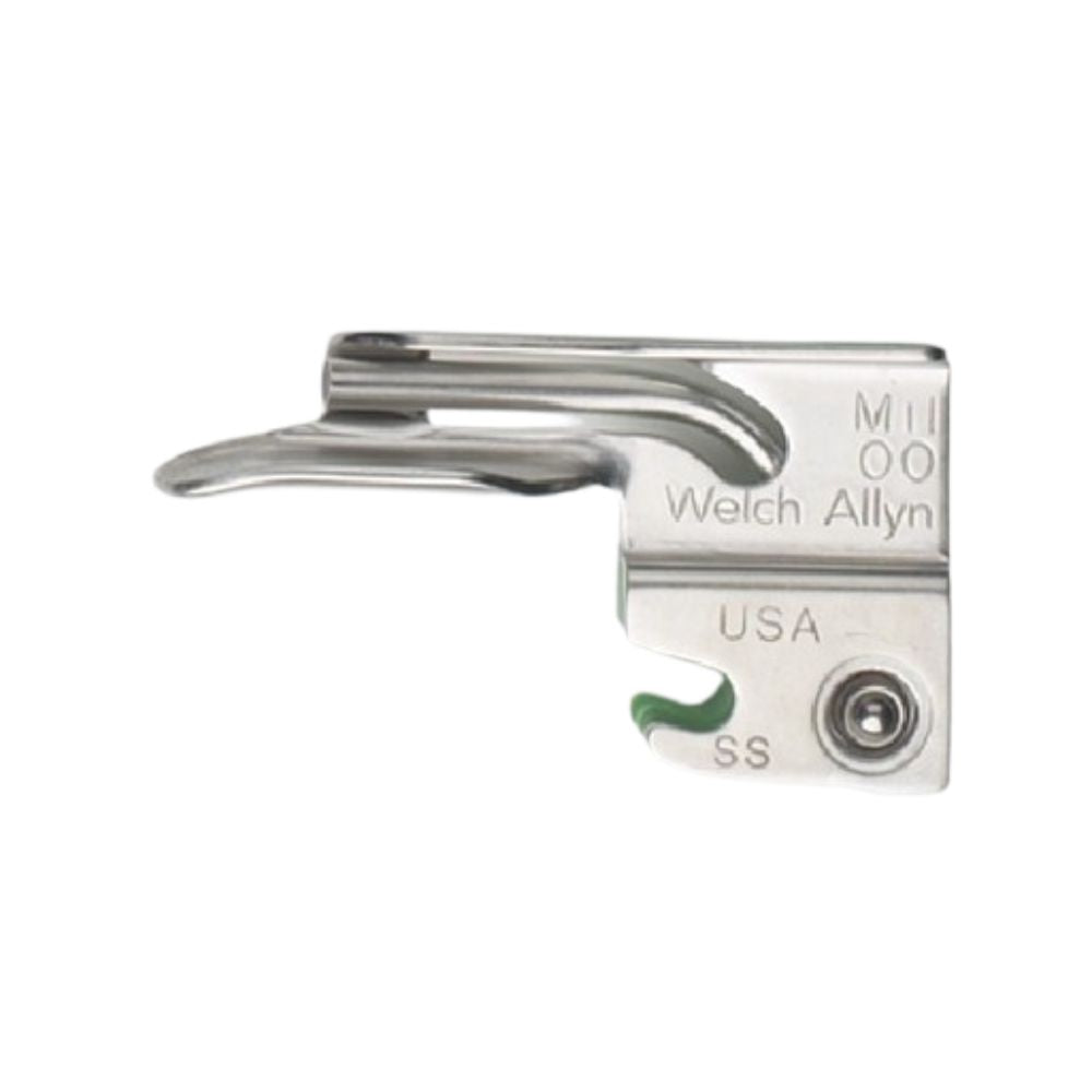 Laringoscopio recto Miller FO 00 de Welch Allyn para especialidades médicas, con mango y hoja en imagen.