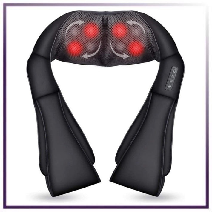 Masajeador de cuello y hombros DC-eterus con calor, muestra el dispositivo en uso en un cuello y hombros relajados.