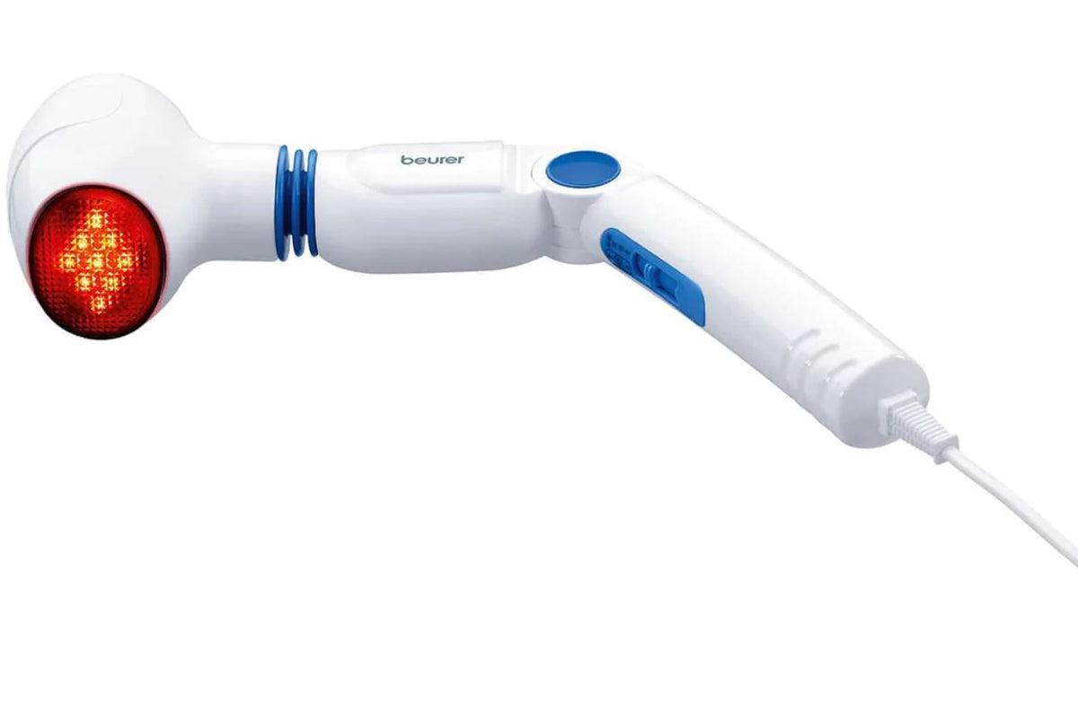 Masajeador infrarrojo BEURER con 4 accesorios para terapia física y masaje, diseñado para aliviar molestias musculares.