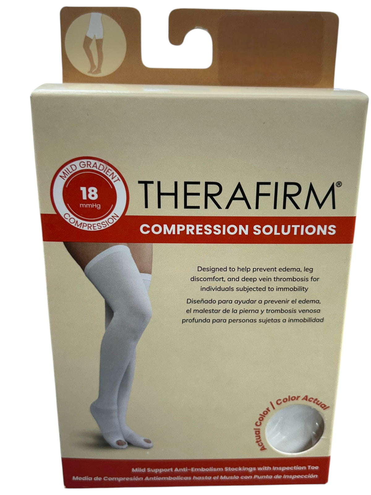 Medias de compresión antiembolicas Therafirm® de 18 mmHg en color blanco, diseñadas para mejorar la circulación.