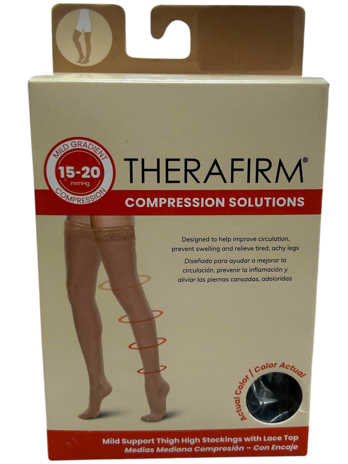 Medias de compresión mediana Therafirm® con encaje, 15-20 mmHg, ideales para mejorar circulación y comodidad en las piernas.