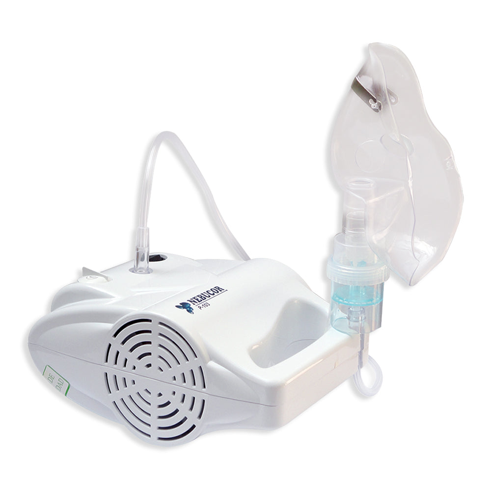 Nebulizador de compresor NEBUCOR P-103 para terapia respiratoria, dispositivo para uso en casa, con boquilla y accesorios.