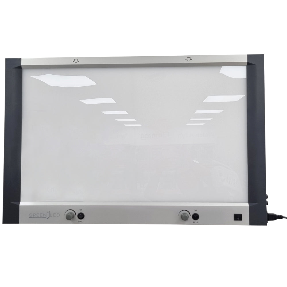 Negatoscopio plano hospitalario de Green Led con 2 placas LED y 6300 lux, ideal para uso médico en clínicas y hospitales.