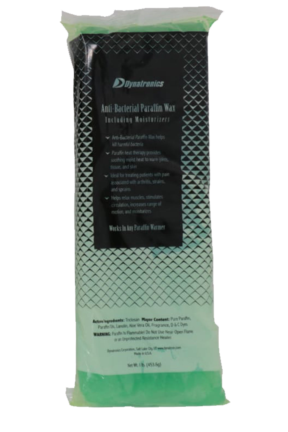 Parafina de uso clínico verde para terapia física de invierno, marca Dynatronics, en envase para tratamientos terapéuticos.