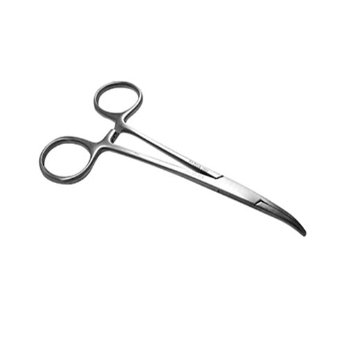 Pinza Mosquito Halstead curva de 12 cm, instrumental quirúrgico hospitalario de la marca HERGOM sobre fondo blanco.