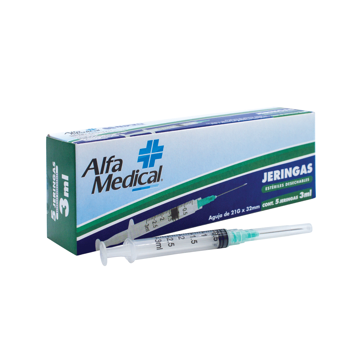 ALFA MEDICAL | STERILE DISPOSABLE SYRINGES 3 ML GREEN (21G X 32MM) / 5 PCS
