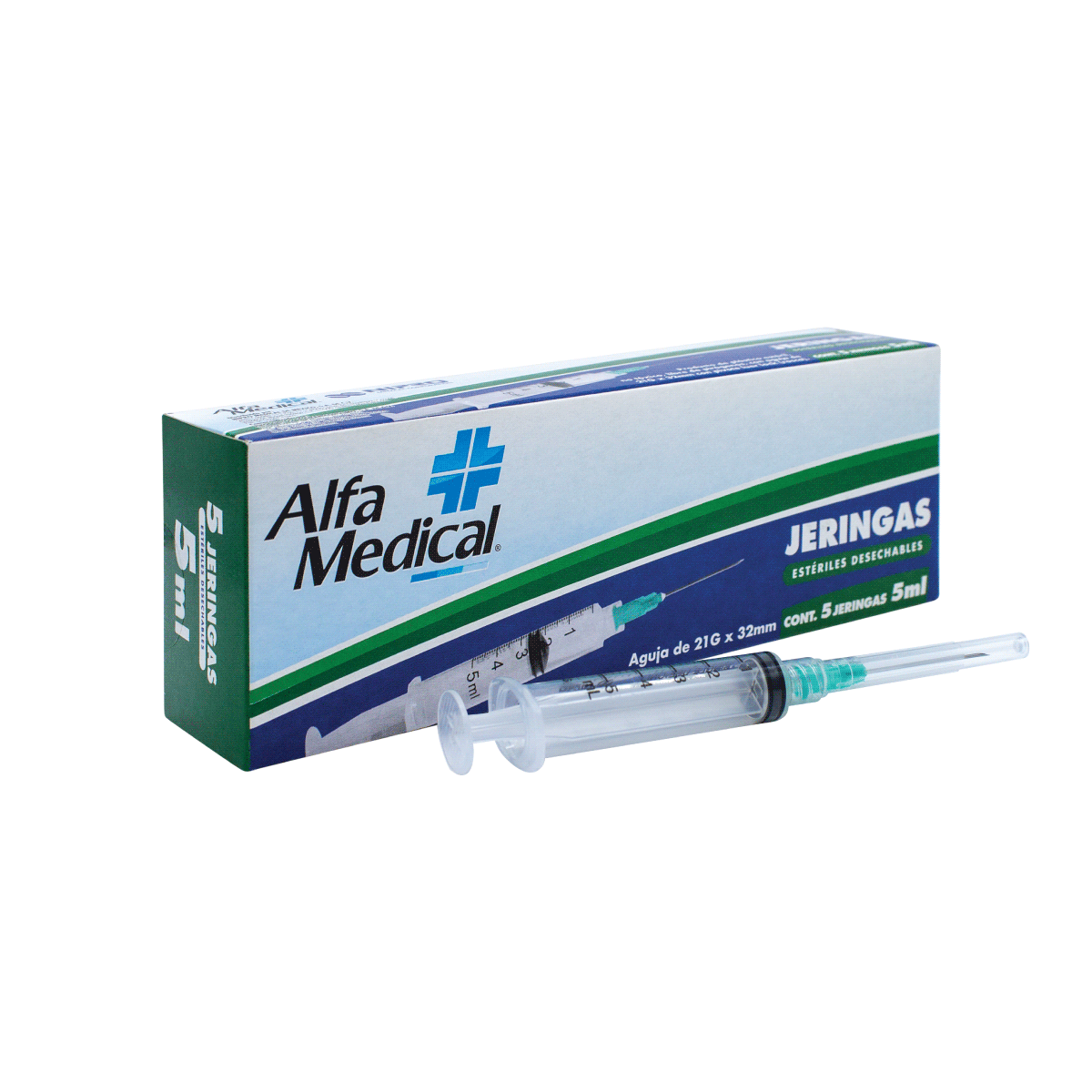 ALFA MEDICAL | DISPOSABLE STERILE SYRINGES 5 ML GREEN (21G X 32MM) / 5 PCS