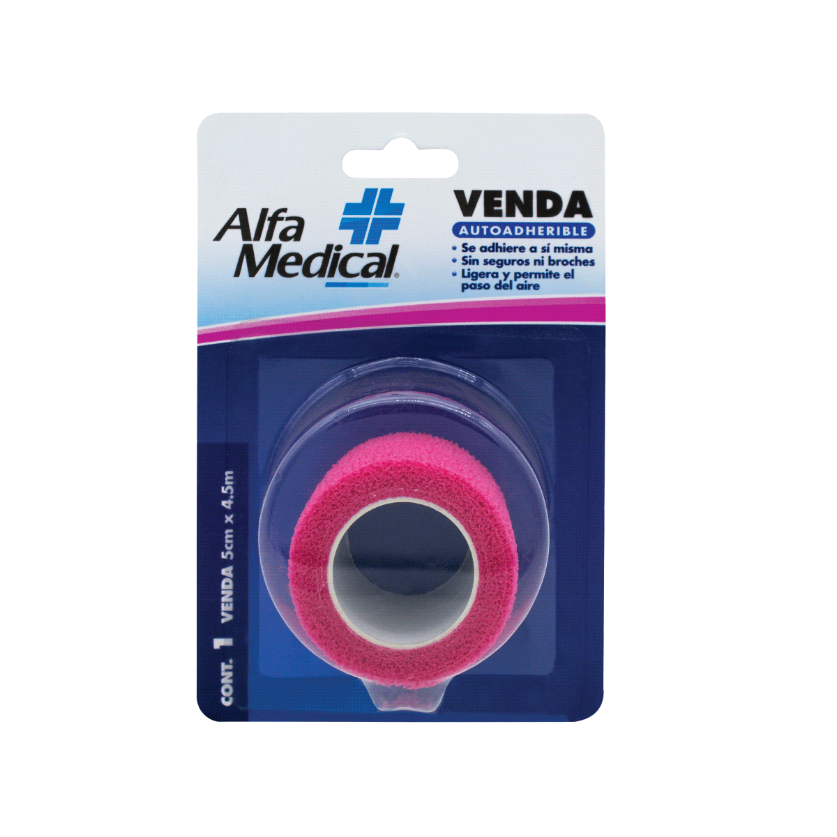 Venda autoadherible rosa de 5 cm x 4.5 m de la marca Alfa Medical, en blíster con 24 piezas, ideal para vendajes.