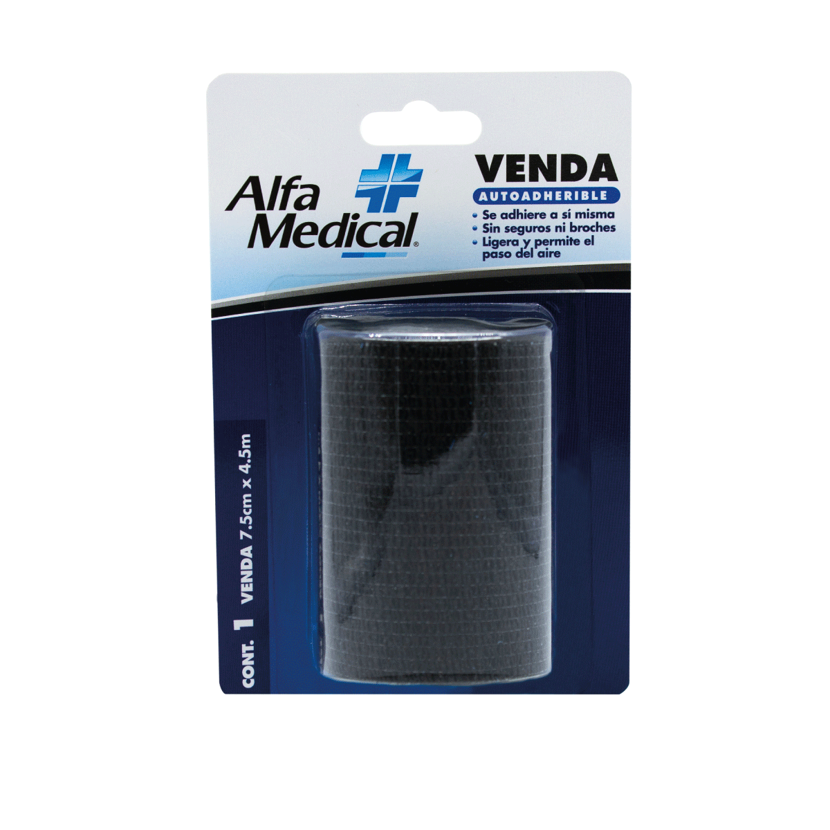 Venda autoadherible negra de 7,5 cm x 4,5 m de la marca Alfa Medical, en blister con 24 unidades, para uso médico.