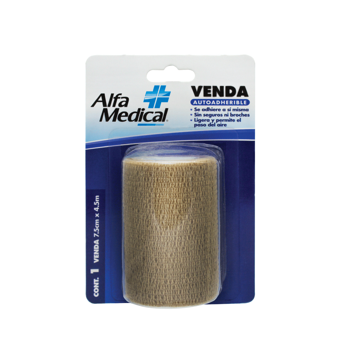 Venda autoadherible de 7.5 cm x 4.5 m de piel de la marca Alfa Medical en blister, paquete con 24 piezas.