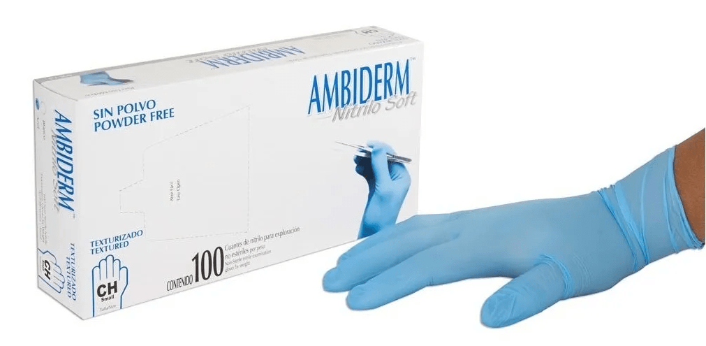 Guantes de nitrilo azul Ambiderm talla CH/M y G, caja con 20 dispensadores y 100 guantes, para uso profesional.
