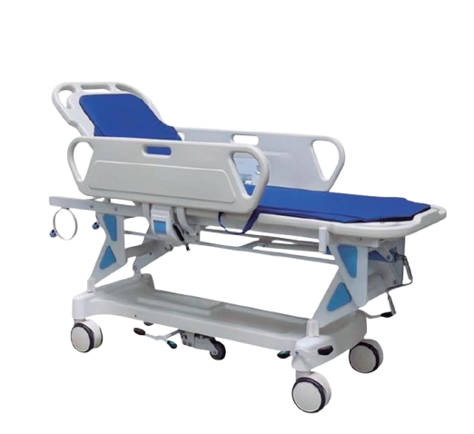 Medical patient transport stretcher on wheels with blue cushions and side rails, used in hospitals and ambulances