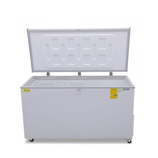 Congelador horizontal tipo cofre de 17 pies marca Imbera, con puertas grandes y control de temperatura.