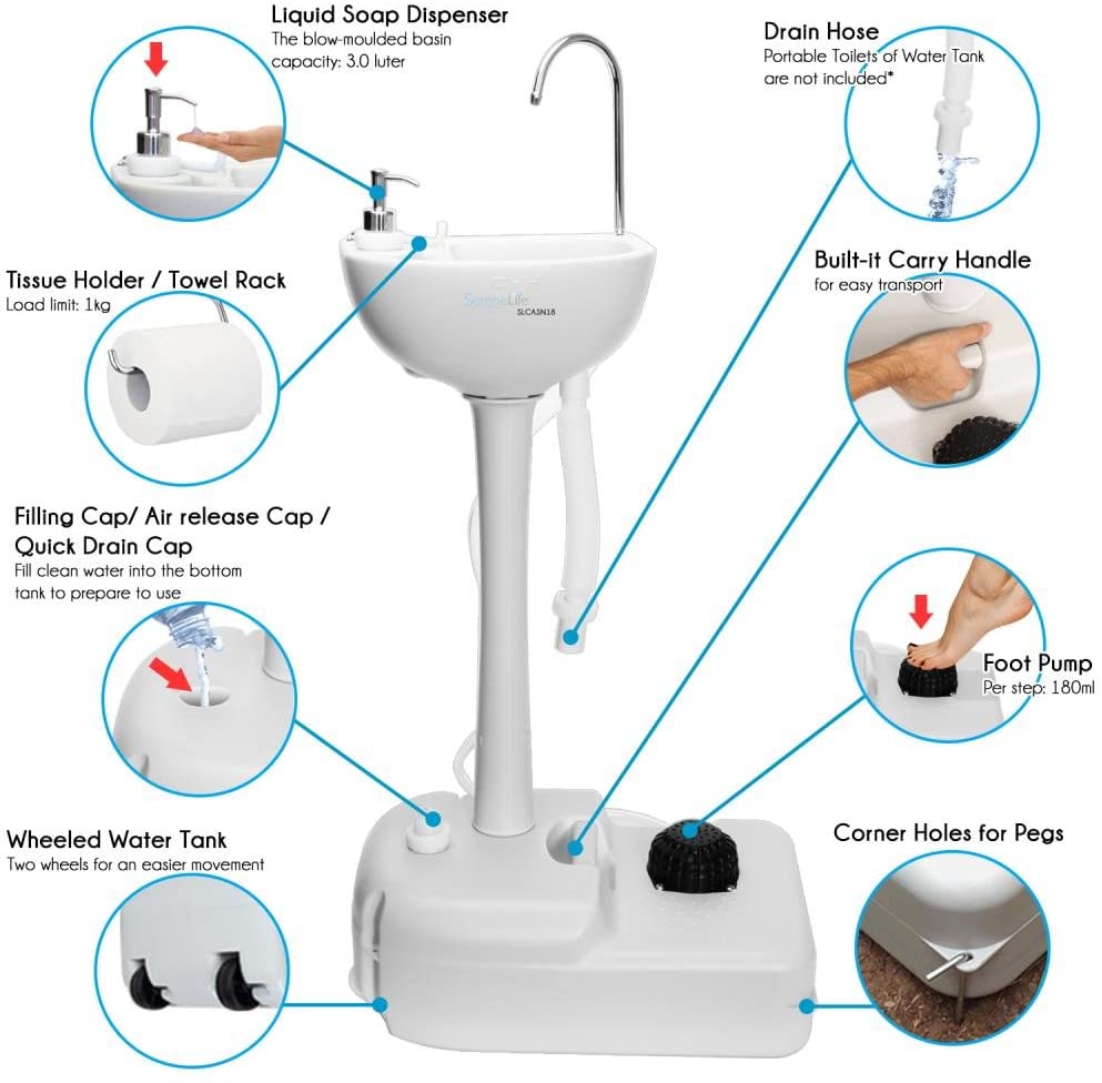 SereneLife SLCASN18 Portable Camping Sink, with Towel Holder and Soap Dispenser, 19L Capacity