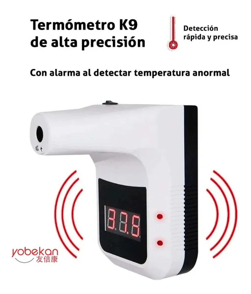 YOBEKAN K9 Wall-Mounted Infrared Digital Thermometer Includes Tripod, Battery, and Power Adapter.