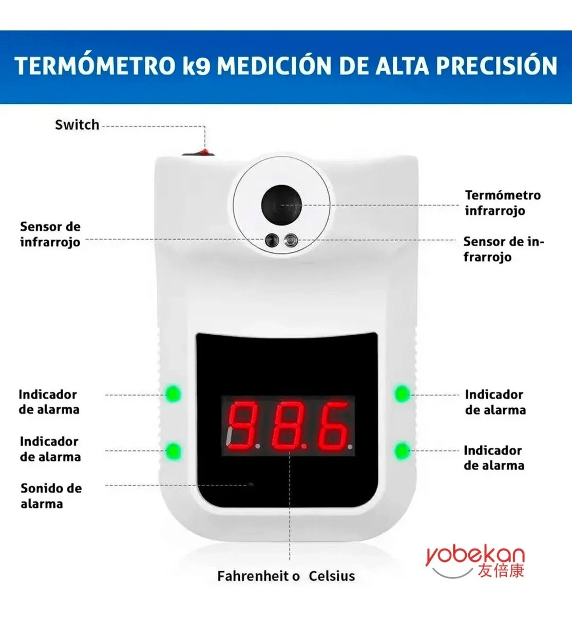 YOBEKAN K9 Wall-Mounted Infrared Digital Thermometer Includes Tripod, Battery, and Power Adapter.