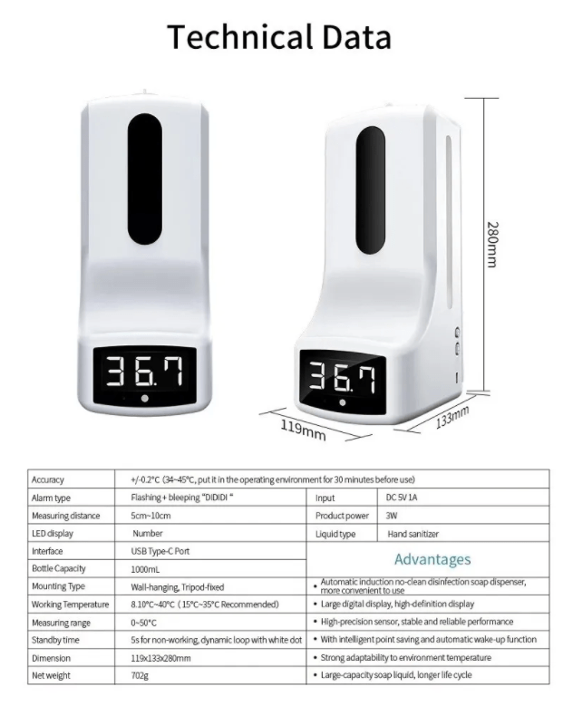 K9 Infrared Thermometer Hand Sanitizer Dispenser + Tripod