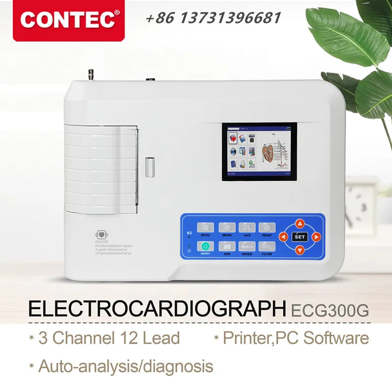 3-channel, 12-lead Digital ECG/EKG machine, human or veterinary use, ECG300G