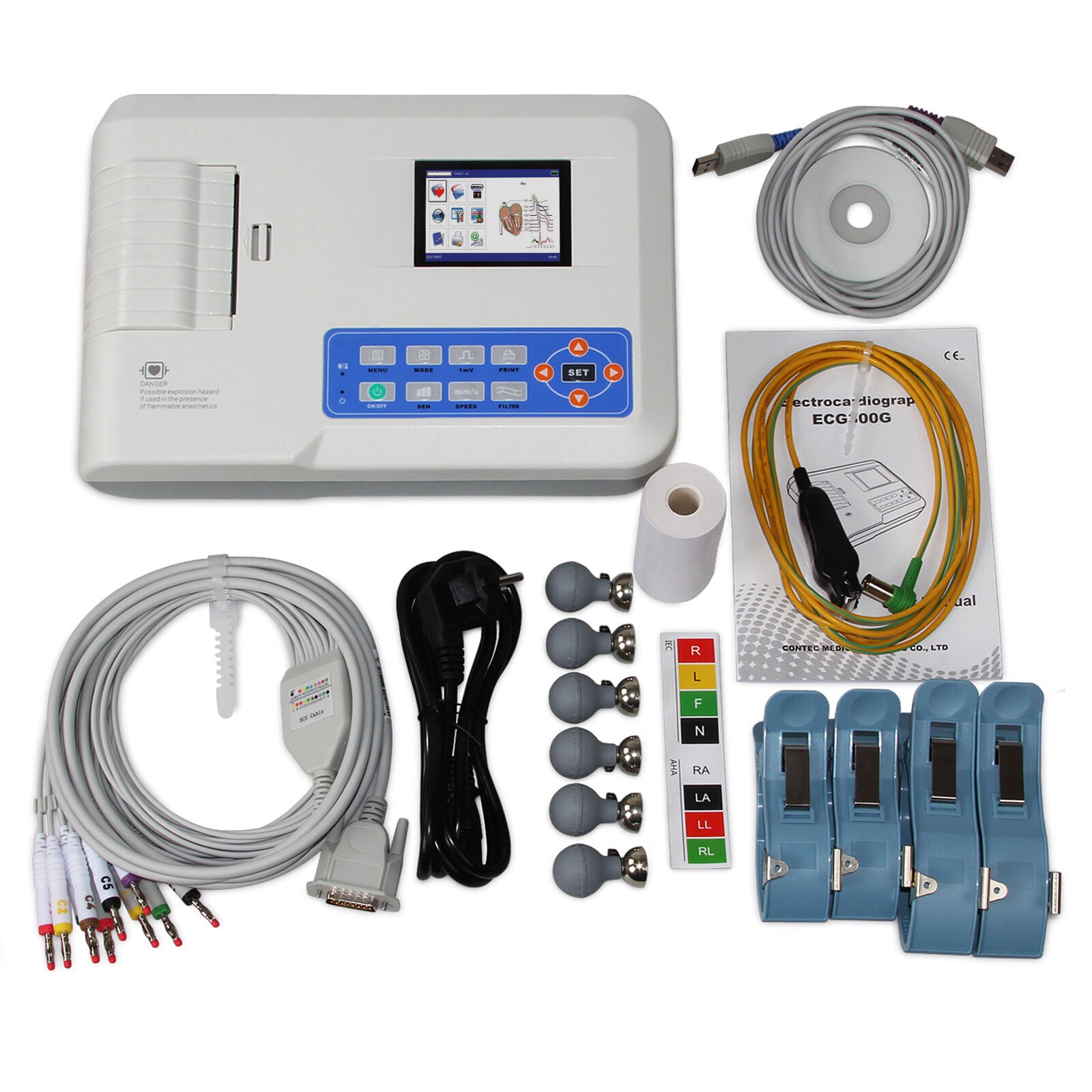 3-channel, 12-lead Digital ECG/EKG machine, human or veterinary use, ECG300G