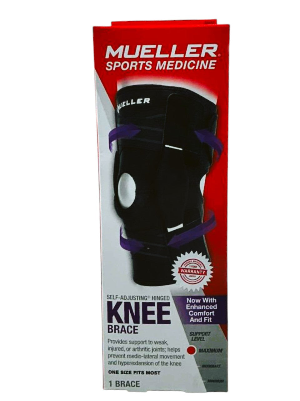 Rodillera con bisagras autoajustables Mueller 65457ML, soporte ortopédico con diseño ajustable y protección para la rodilla.