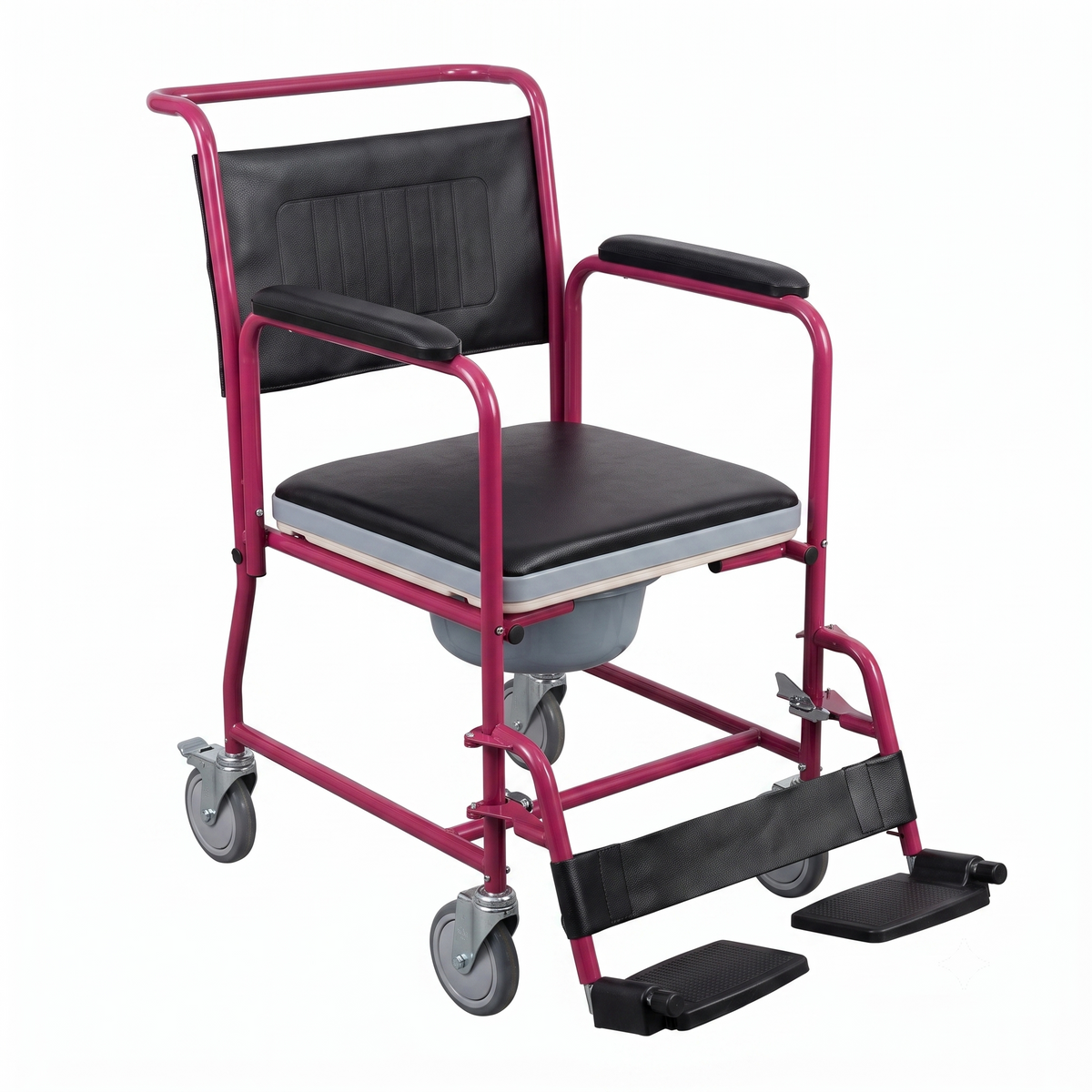Silla cómoda con ruedas BIENSTAR en color tinto, brazos fijos y pierneras desmontables, auxiliar para baño, modelo 815B
