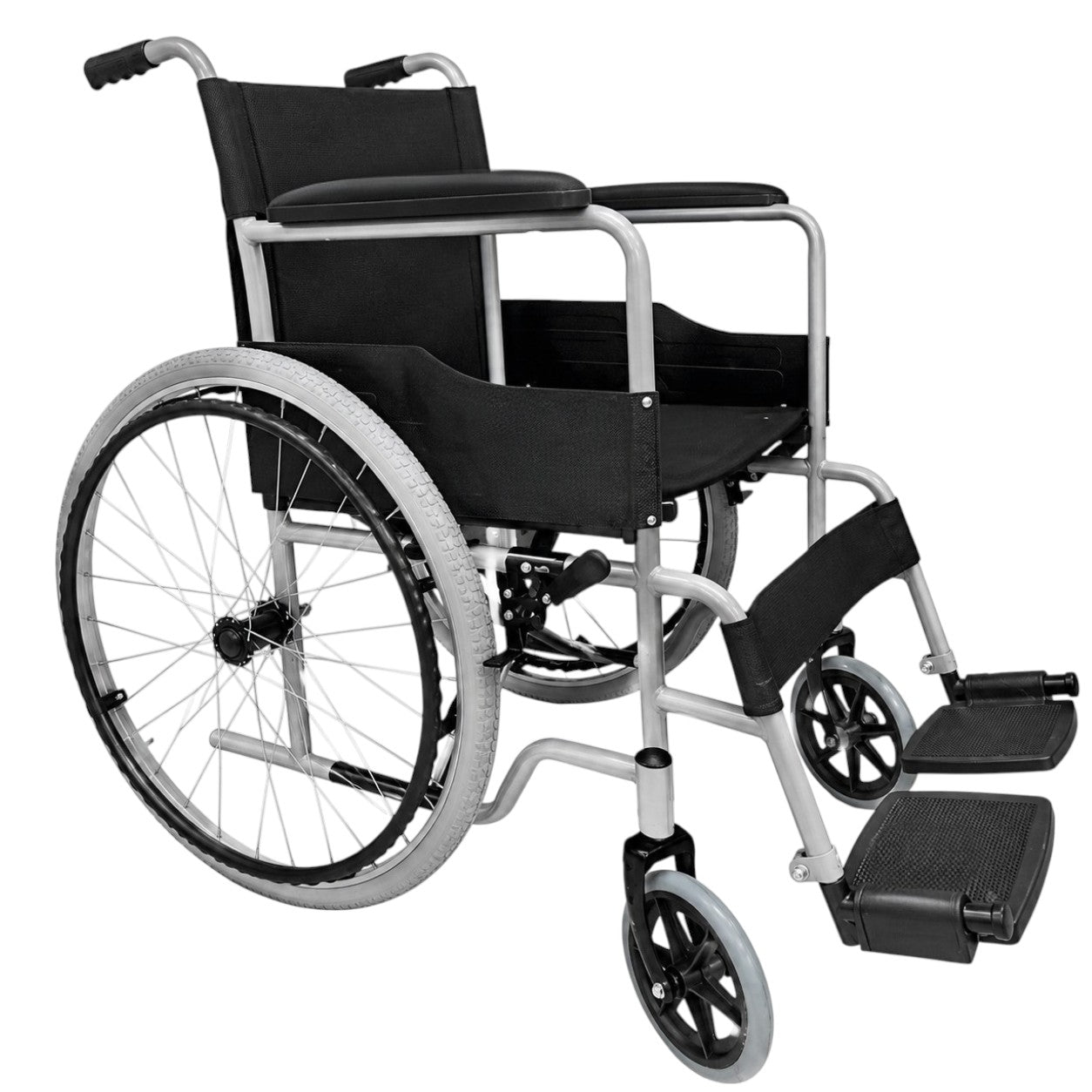Silla de ruedas BIENSTAR de acero esmaltado gris con llantas neumáticas de 18 pulgadas y estructura resistente.