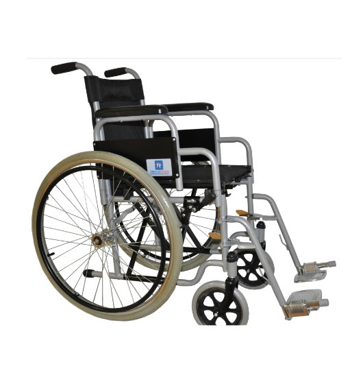 Silla de ruedas pediátrica de acero esmaltado gris, neumática, desmontable, con pie y brazo, capacidad 90 kg, marca BIENSTAR.